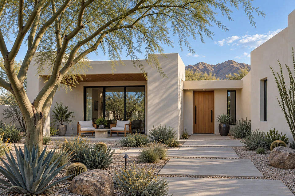 Design concept: Phoenix-inspired stucco home with a shaded courtyard