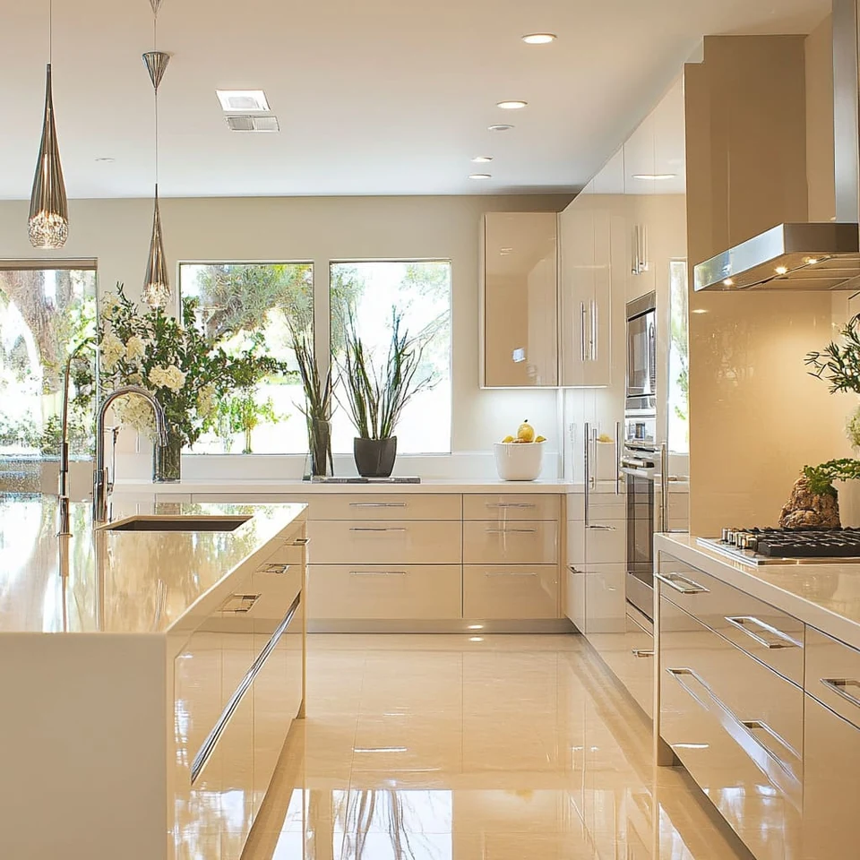 Original Fresh Start kitchen project photograph supplied by the business, showing glossy cream cabinets and chrome pendants