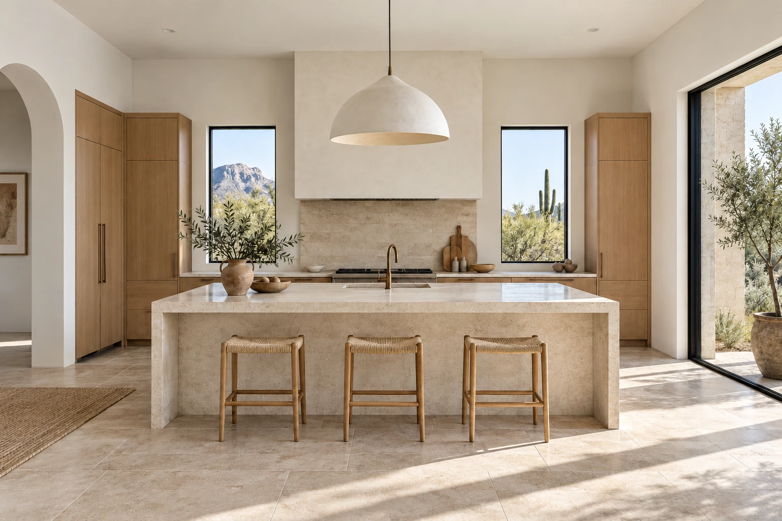 Kitchen concept with pale oak cabinetry, a limestone island, woven stools and warm desert light