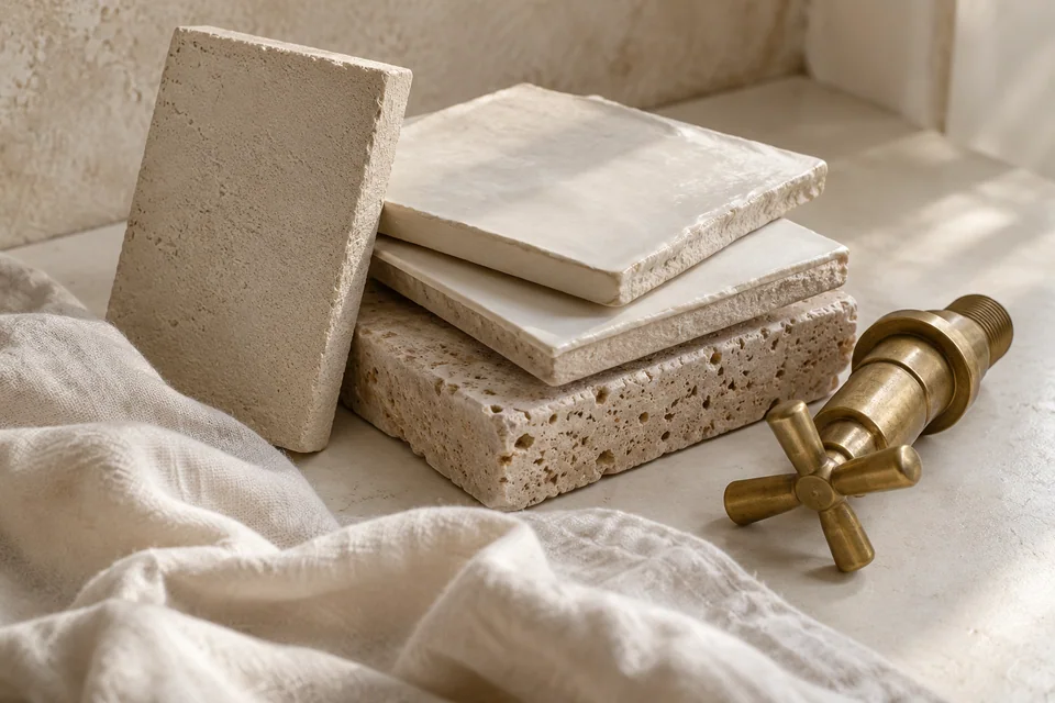 Bathroom material composition of handmade ivory tile, sand plaster, brass, travertine and cotton