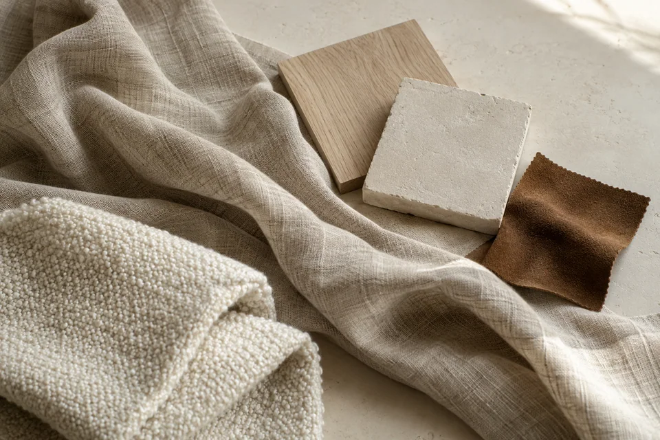 Bedroom material study with washed flax linen, chalk plaster, pale oak, tobacco suede and ivory wool