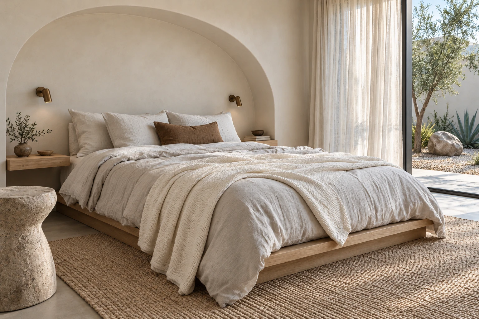 Bedroom concept with a pale oak bed, washed flax bedding, a curved plaster niche and sheer curtains