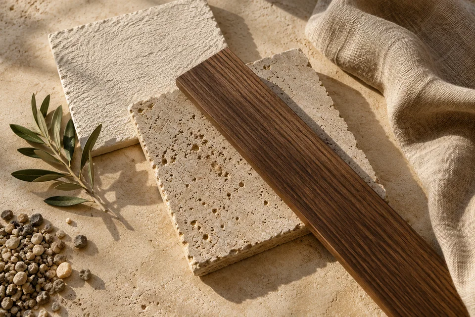 Courtyard material study with lime plaster, travertine, cedar, gravel, an olive twig and flax
