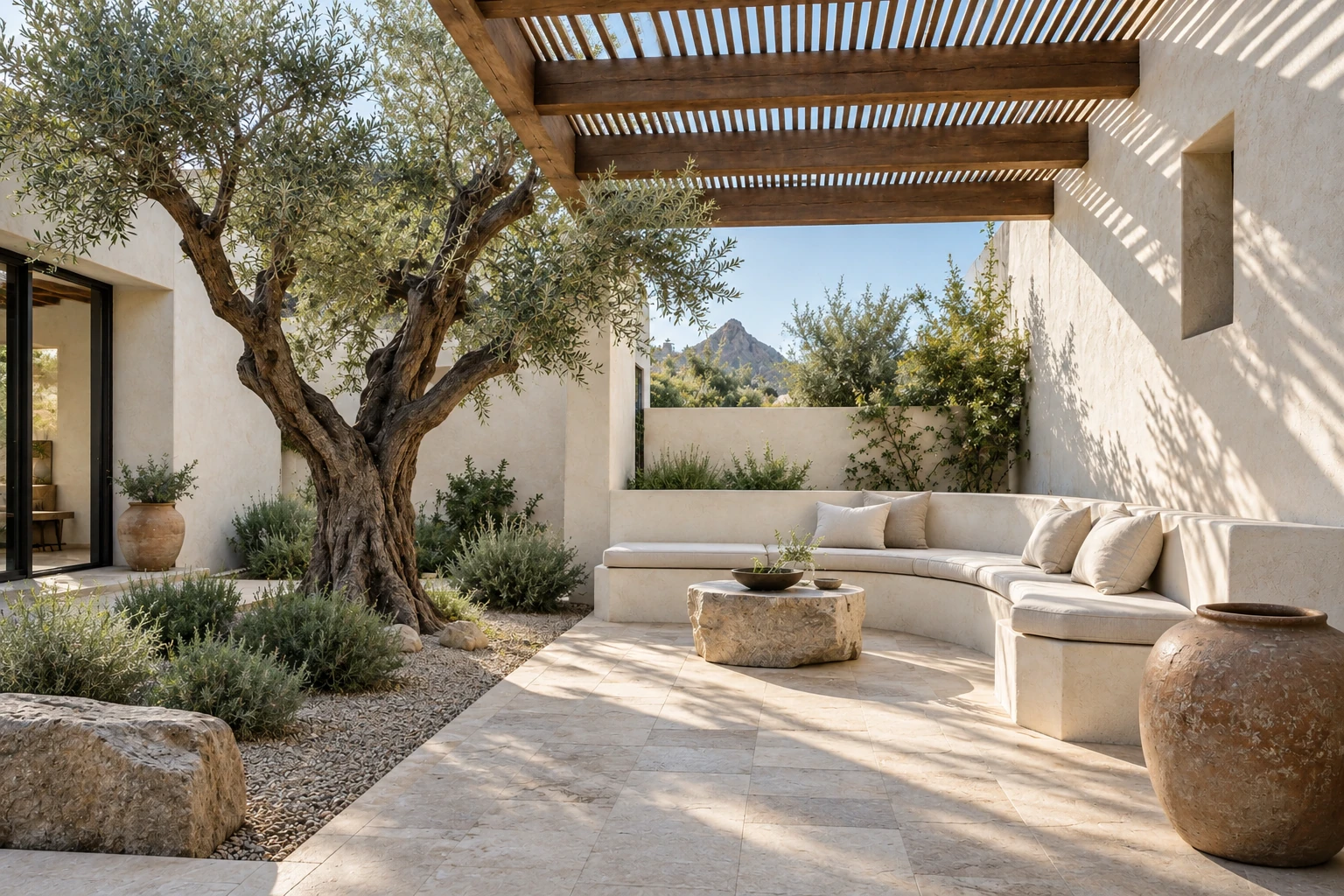Desert courtyard concept with a timber pergola, olive tree, curved plaster bench and pale travertine paving