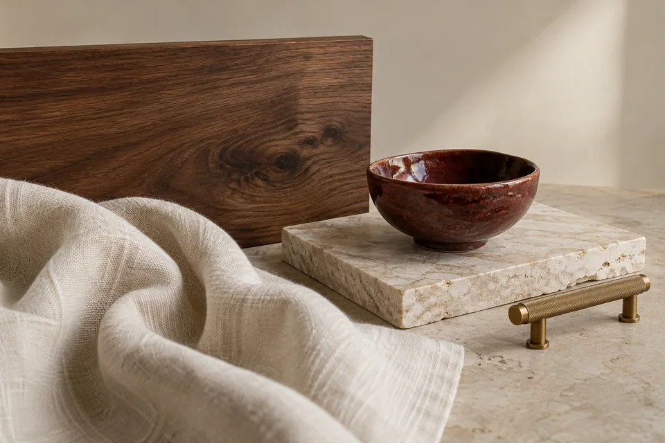 Dining material composition with walnut, an oxblood ceramic bowl, ivory linen, aged brass and pale stone