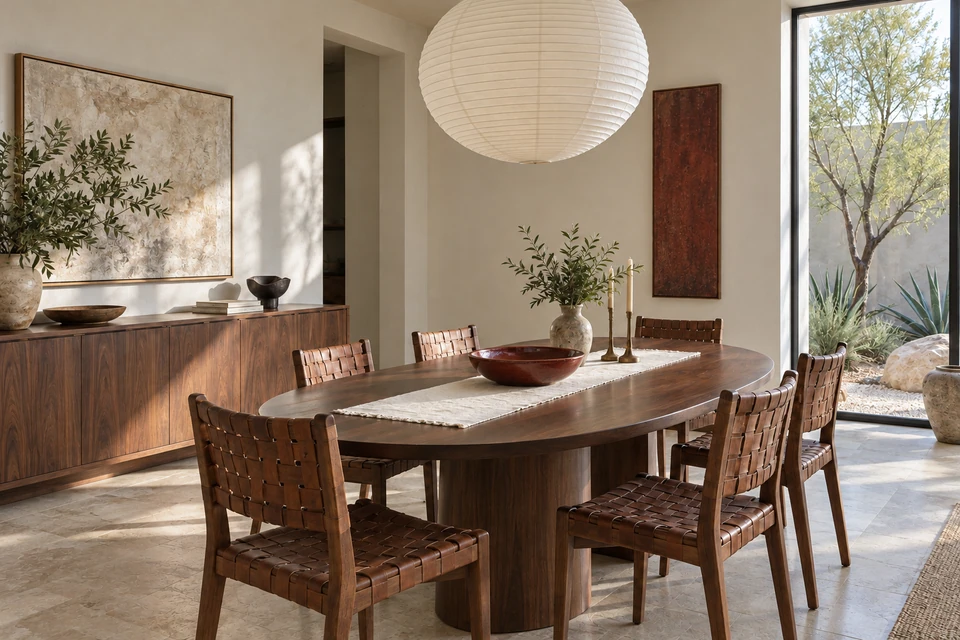 Dining room concept with an oval walnut table, woven leather chairs, a paper lantern and warm plaster walls