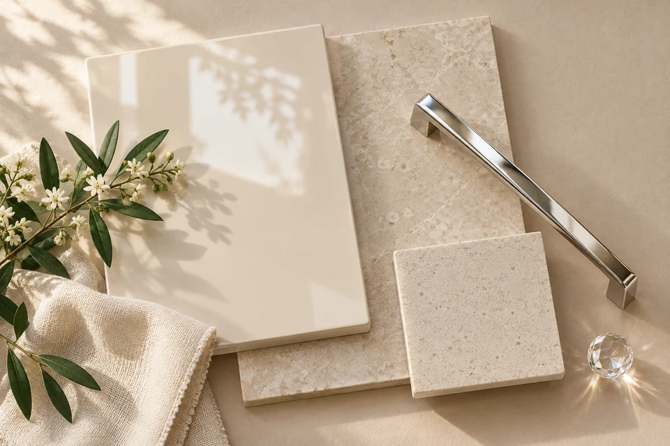 Material composition of glossy ivory lacquer, pale stone, a chrome handle, linen and faceted glass