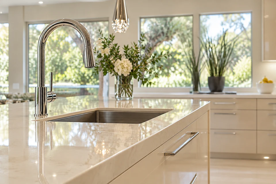 Design concept detail of an arched chrome faucet, undermount sink and reflective cream stone island