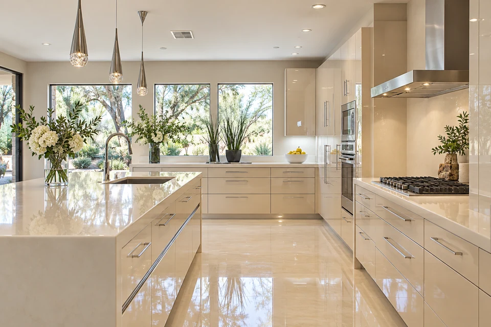 Design concept of a glossy ivory kitchen with chrome pendants, a polished stone island and tall garden windows