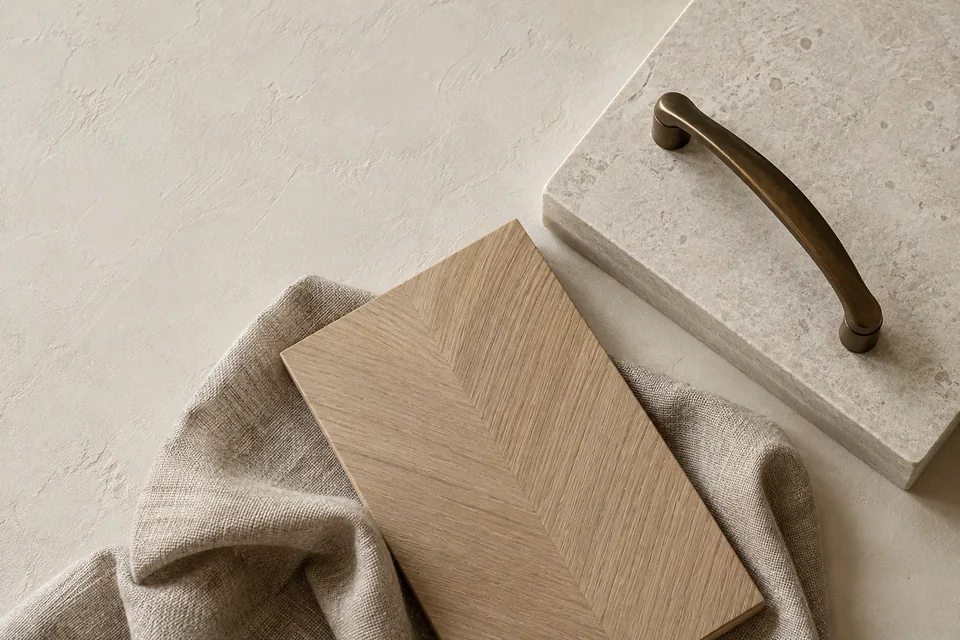 Artistic kitchen material study with oak, ivory limestone, aged bronze and oatmeal linen