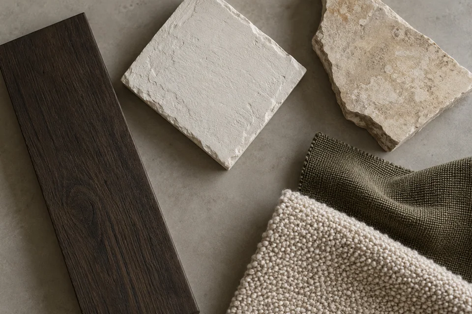 Living room palette composition with smoked oak, boucle, limestone, chalk plaster and muted olive textile